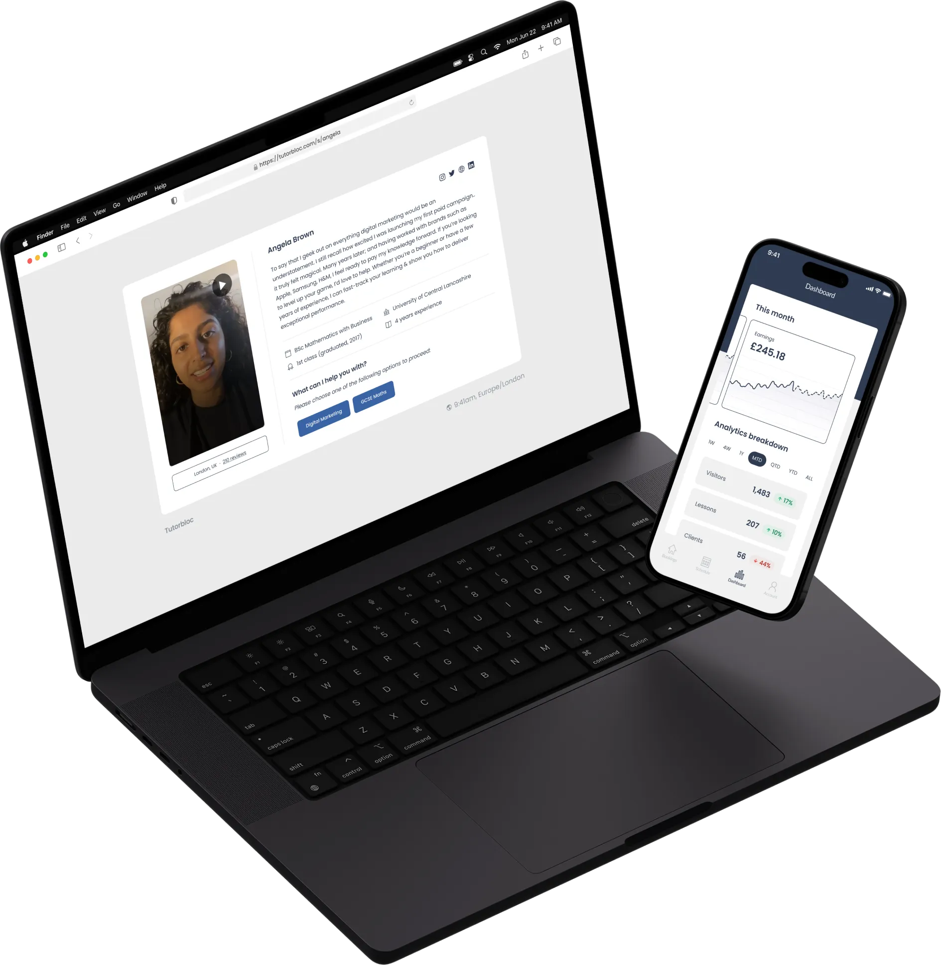 Laptop and phone displaying tutoring platform with profile and dashboard