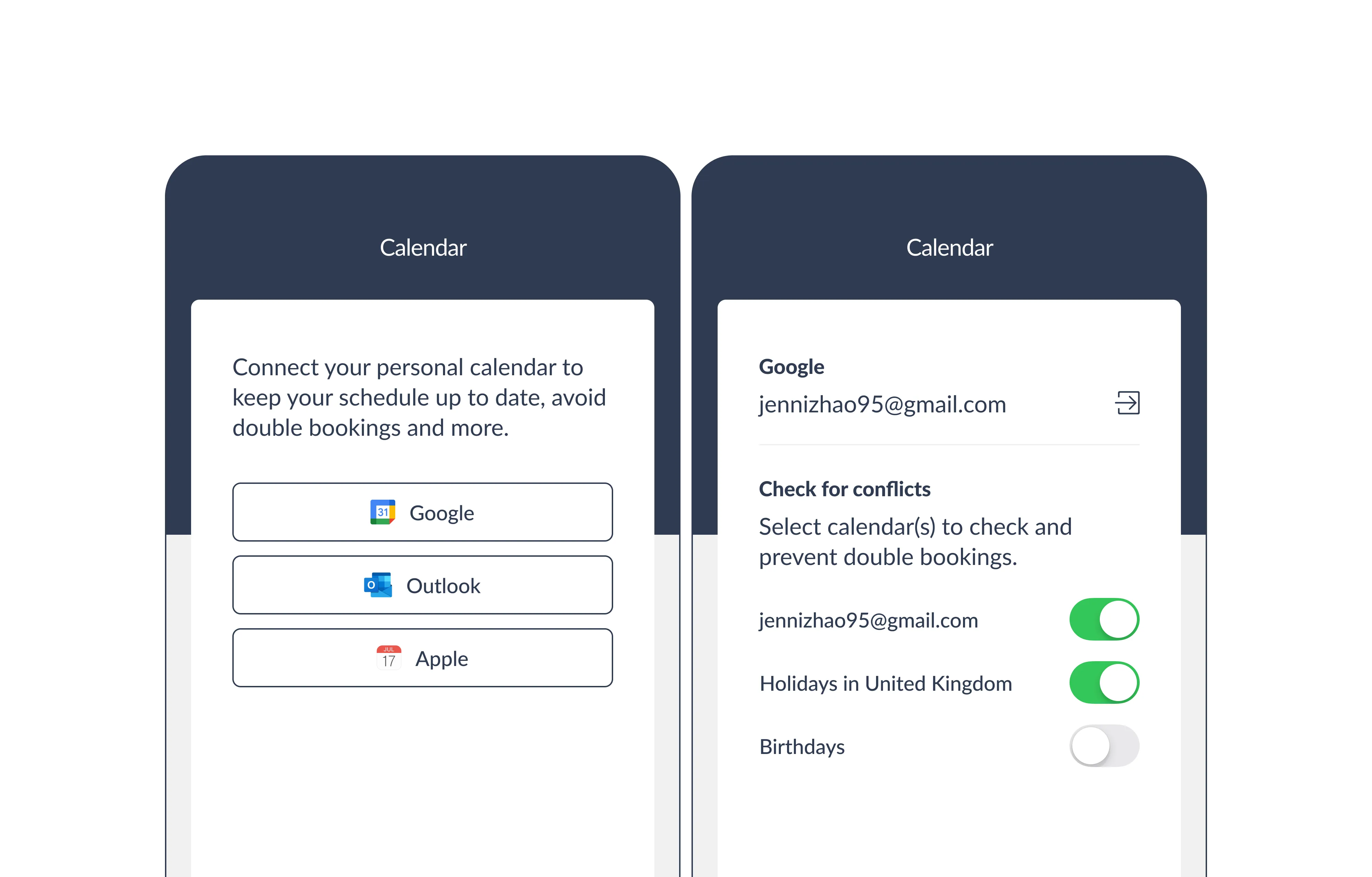 Calendar integration setup showing provider options and conflict prevention settings